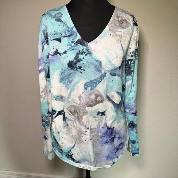 Chico's Aqua and Gray Abstract Blouse L - Picture 2 of 6